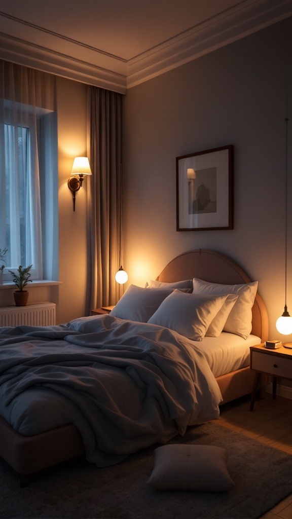 Cozy bedroom with warm lighting and a comfortable bed