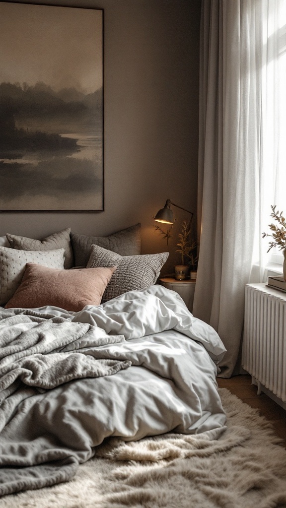 A cozy bedroom featuring layered textures with pillows, blankets, and soft lighting.
