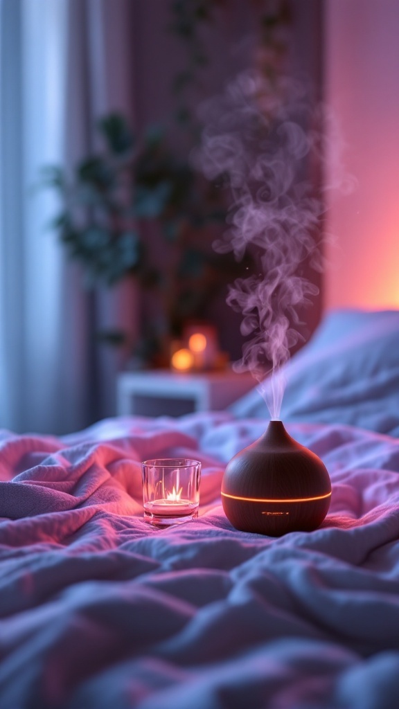 A cozy bedroom scene featuring an aromatherapy diffuser and a lit candle on a bed with soft blankets