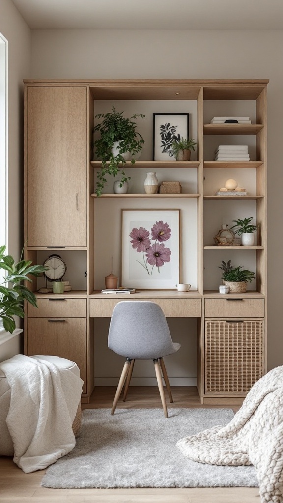 A stylish workspace in a bedroom featuring multi-functional furniture designs, including a wooden desk and decorative shelving.