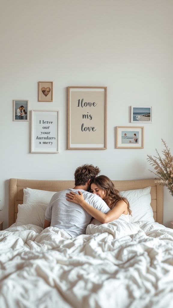 Couple embracing in bed with personalized wall art behind them