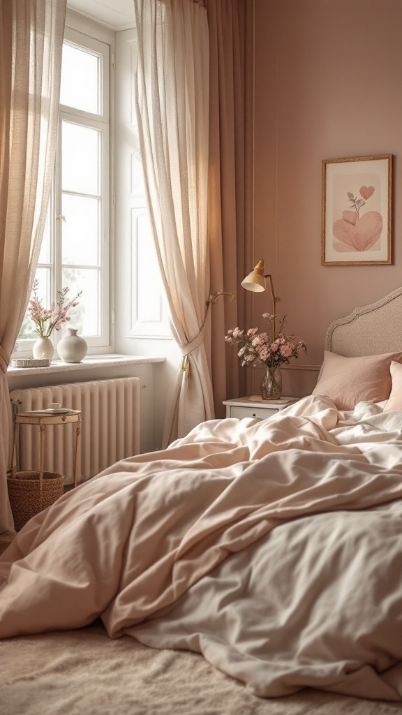 A cozy bedroom with soft blush and neutral tones, featuring airy curtains, layered bedding, and floral decor.