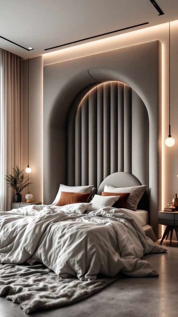 Stylish bedroom featuring a modern statement headboard with an arch design, soft bedding, and ambient lighting.