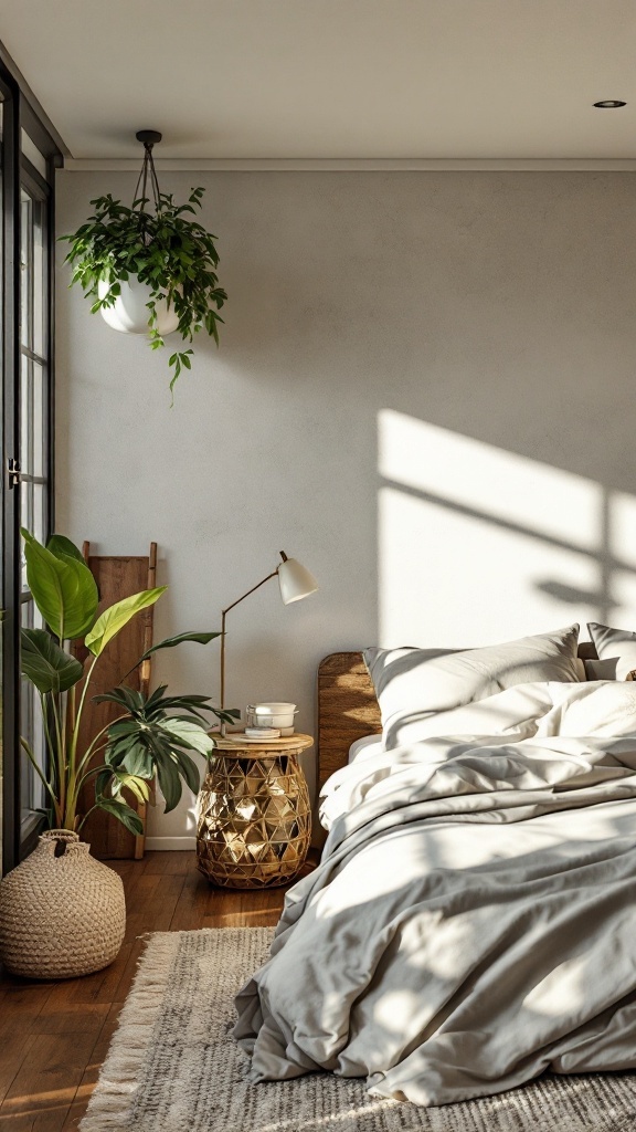 A stylish and eco-friendly bedroom featuring plants, wooden furniture, and soft textiles