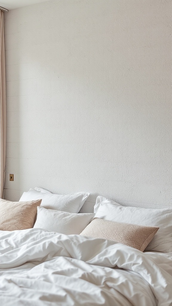 A cozy bedroom featuring a textured white wall and soft bedding.