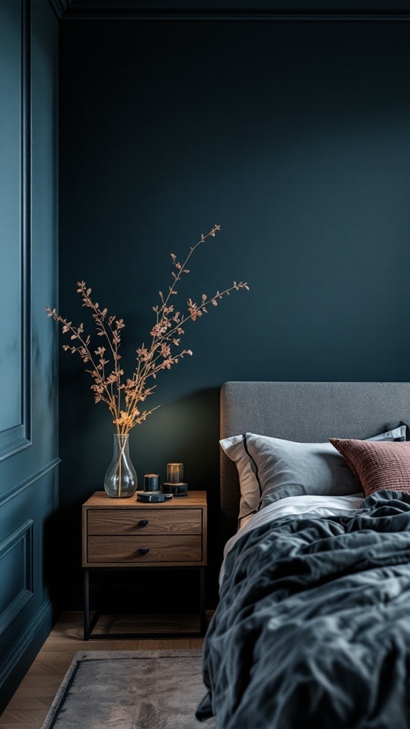 Cozy dark bedroom with an accent wall and stylish decor.