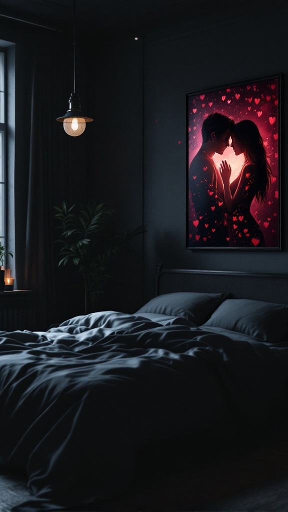 Cozy dark bedroom with romantic artwork of a couple surrounded by hearts.