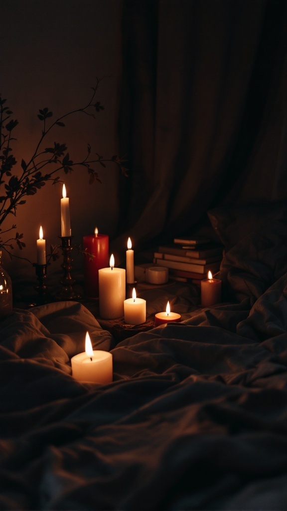 Cozy dark bedroom with candle arrangements on the bed and surrounding area.