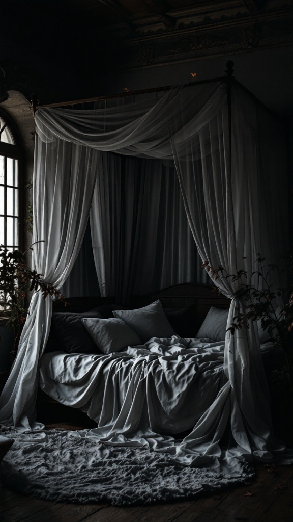 A cozy dark bedroom featuring a canopy bed with sheer drapes and plush bedding.