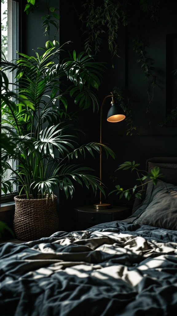 A cozy dark bedroom featuring a large indoor plant, soft bedding, and warm lighting