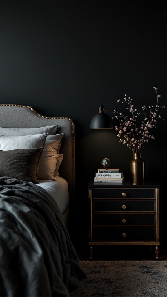 Dark cozy bedroom featuring an elegant nightstand with decorative touches
