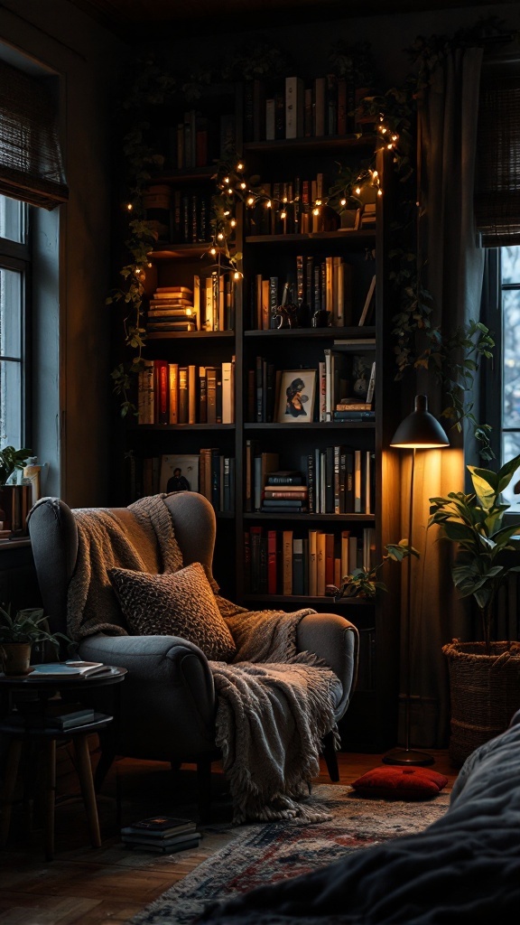 A cozy reading corner with a plush armchair, a bookshelf filled with books, warm string lights, and decorative plants