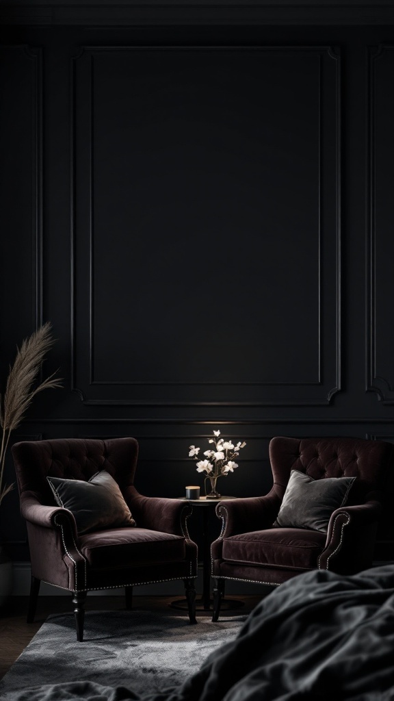 A cozy corner with two velvet chairs, a small table with flowers, and dark wall paneling.
