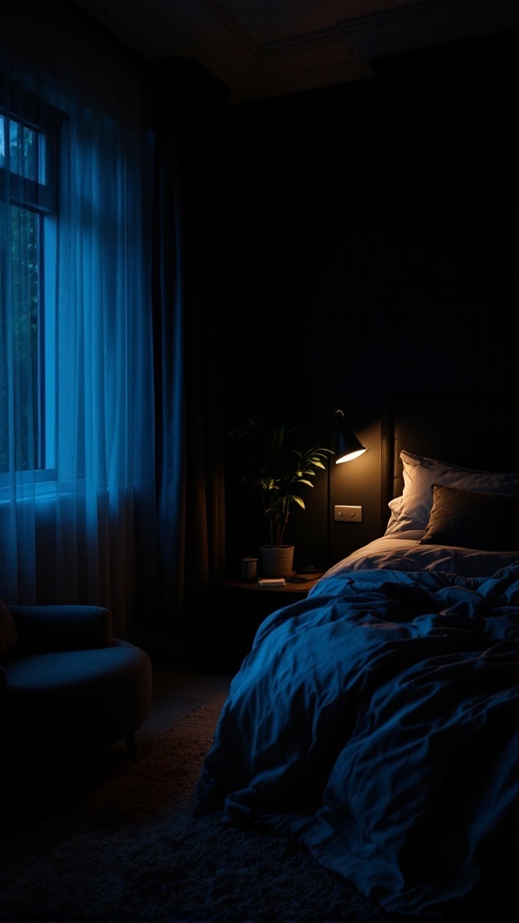 Cozy dark bedroom with layered lighting showcasing soft glow from bedside lamp and gentle curtains letting in natural light.