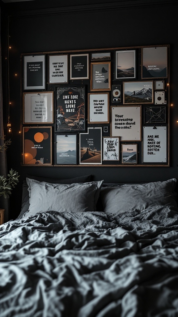 A cozy bedroom with a wall of inspirational quotes framed and soft gray bedding