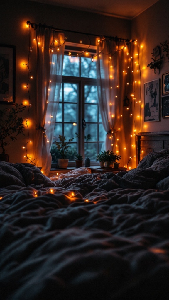Cozy dark bedroom with string fairy lights around a window