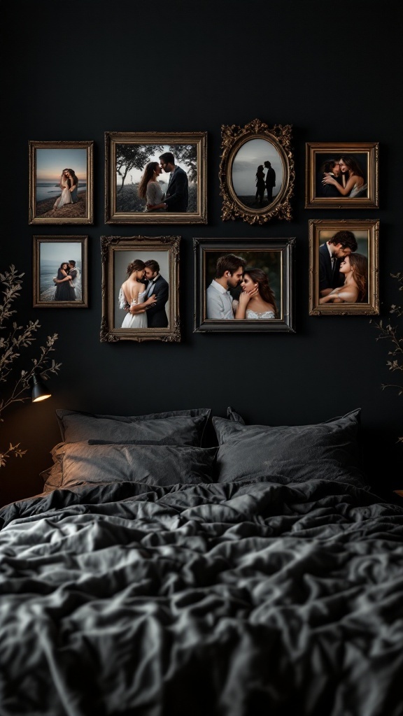 A dark cozy bedroom with a personalized photo gallery on the wall featuring romantic pictures.