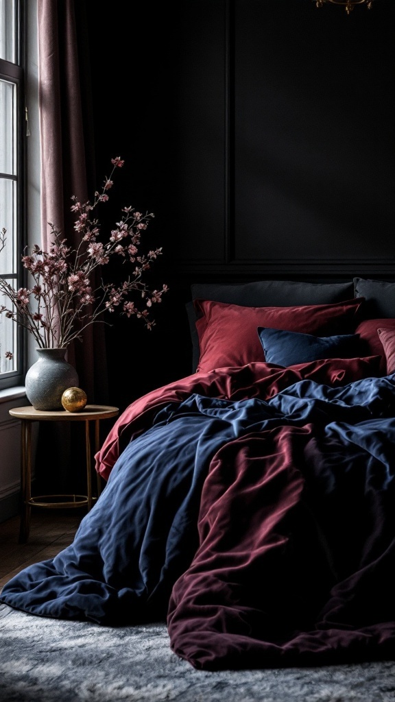 Cozy dark bedroom with plush bedding in deep maroon and blue hues, featuring a soft rug and decorative flowers.