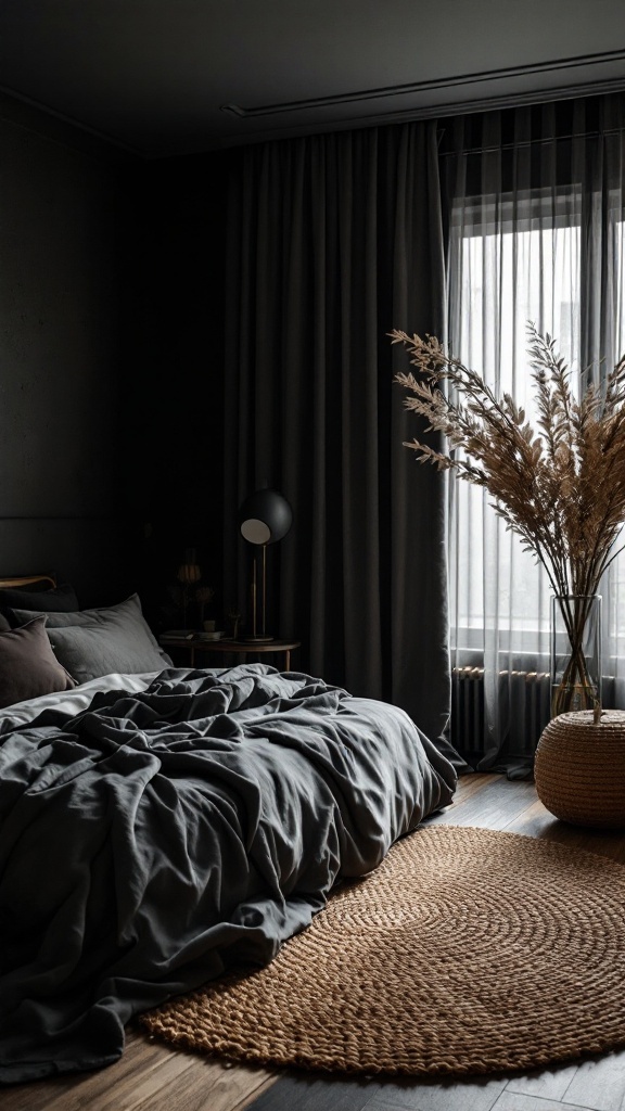 A dark cozy bedroom featuring rich textures with gray bedding, sheer curtains, and a jute rug.