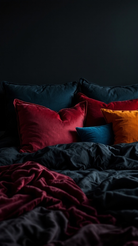 A collection of richly colored accent pillows on a dark bedspread