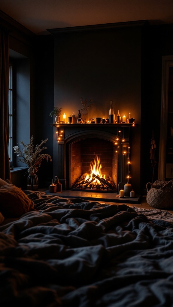Cozy bedroom featuring a fireplace, candles, and soft bedding