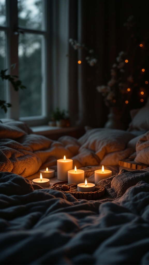 A cozy bedroom scene with flickering candles on a bed surrounded by soft blankets.