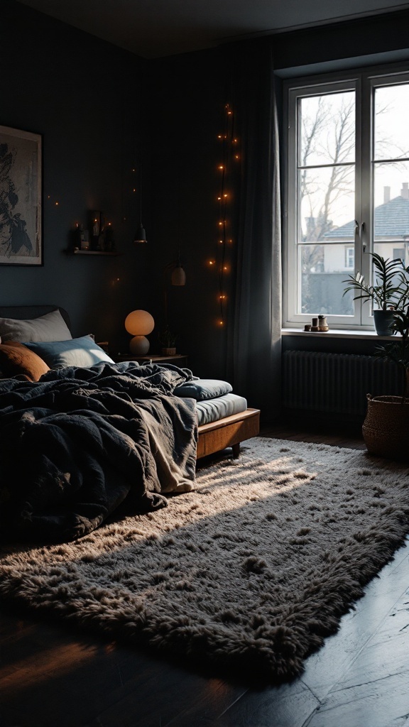 A cozy dark bedroom featuring a soft area rug, warm lighting, and a comfortable bed.