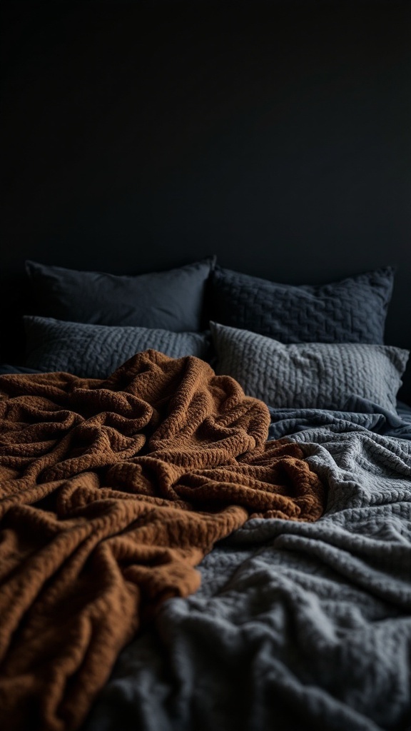 A cozy bedroom featuring textured throw blankets in orange and gray on a dark bed