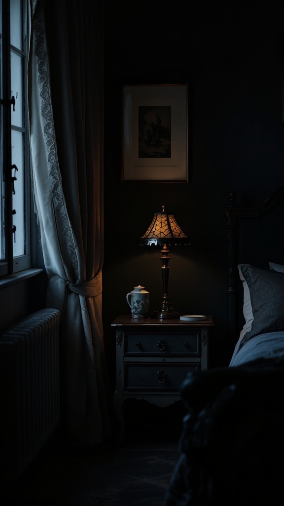 A cozy dark bedroom featuring a vintage lamp, bedside table, and elegant curtains.
