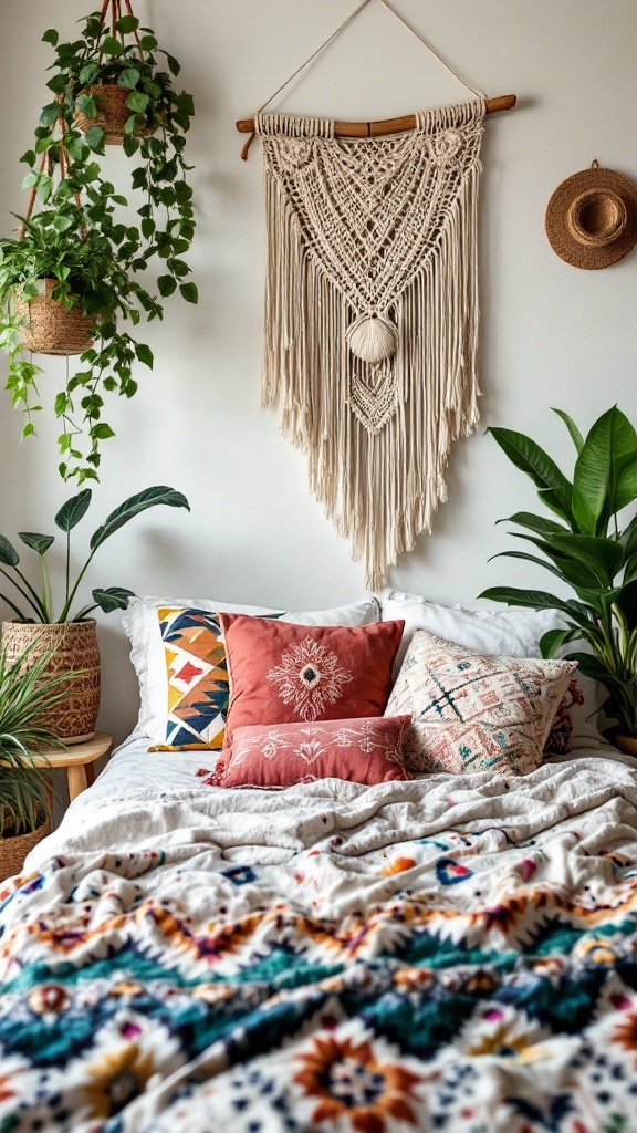 A cozy bohemian chic bedroom featuring macrame wall art and colorful pillows on a bed.