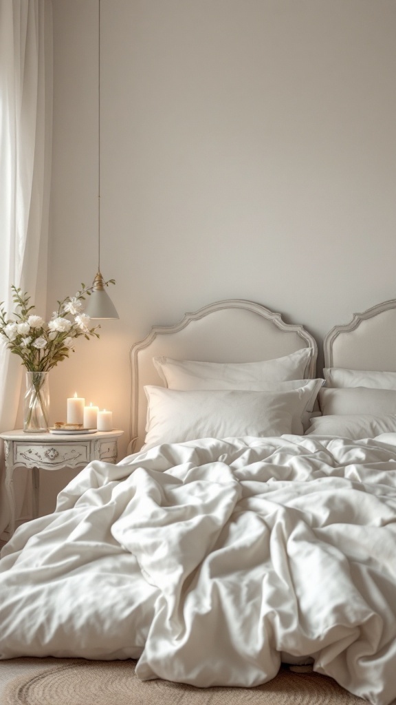 A cozy bedroom with a white bed, soft linens, and a bedside table with flowers and candles.