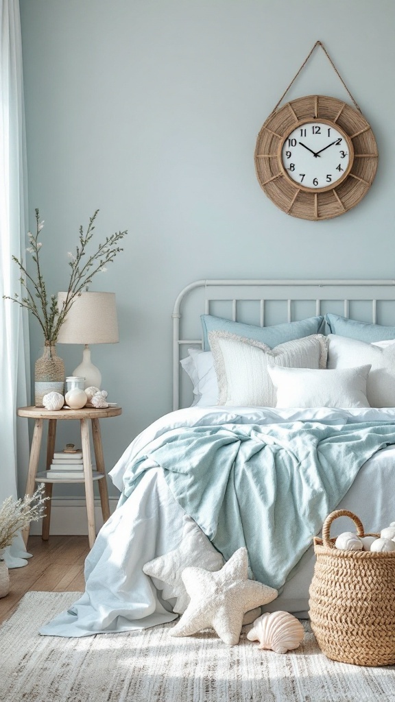 A cozy bedroom featuring soft blue hues with a woven clock, a comfortable bed, and beach-themed decor.