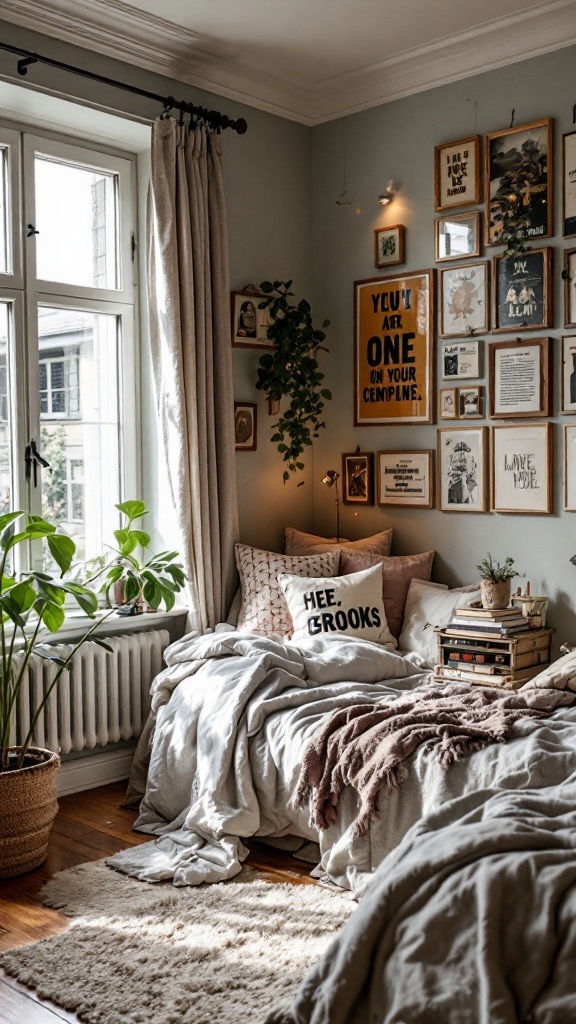 A cozy bedroom nook with plush bedding, decorative pillows, and framed wall art.