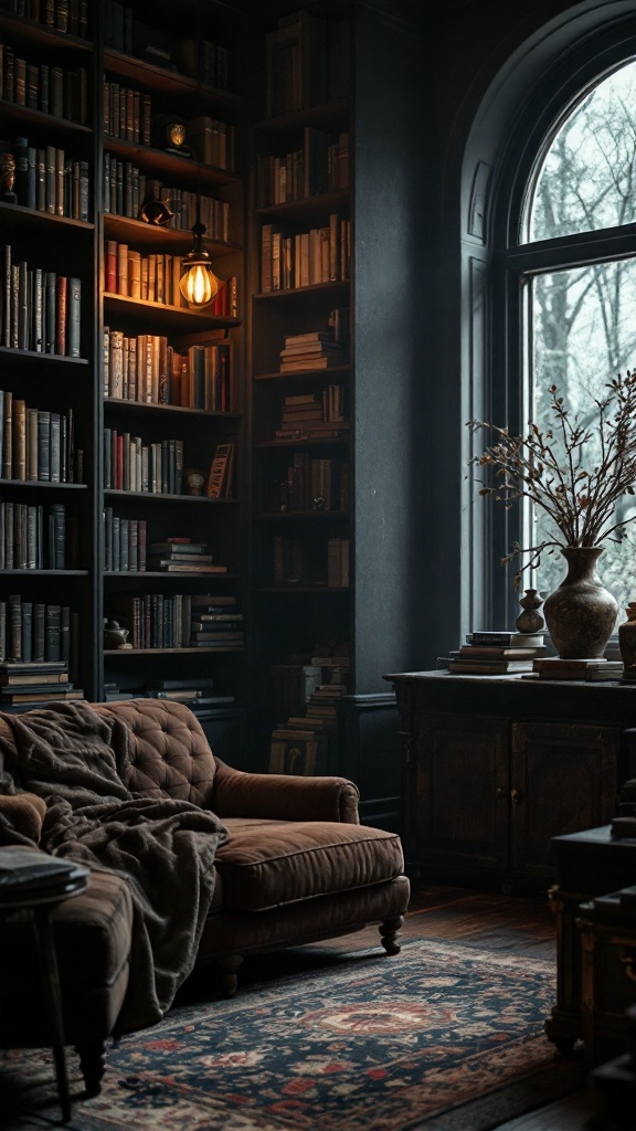 Cozy Dark Academia inspired bedroom with a plush couch, bookshelves, and warm lighting.