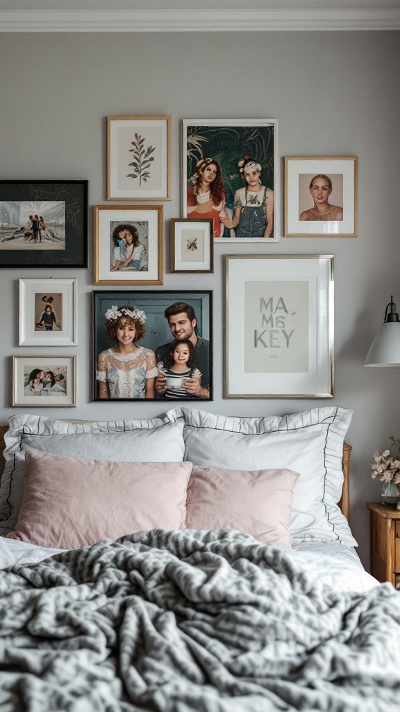 Aesthetic bedroom featuring an eclectic gallery wall with various framed pictures and artworks above a cozy bed.