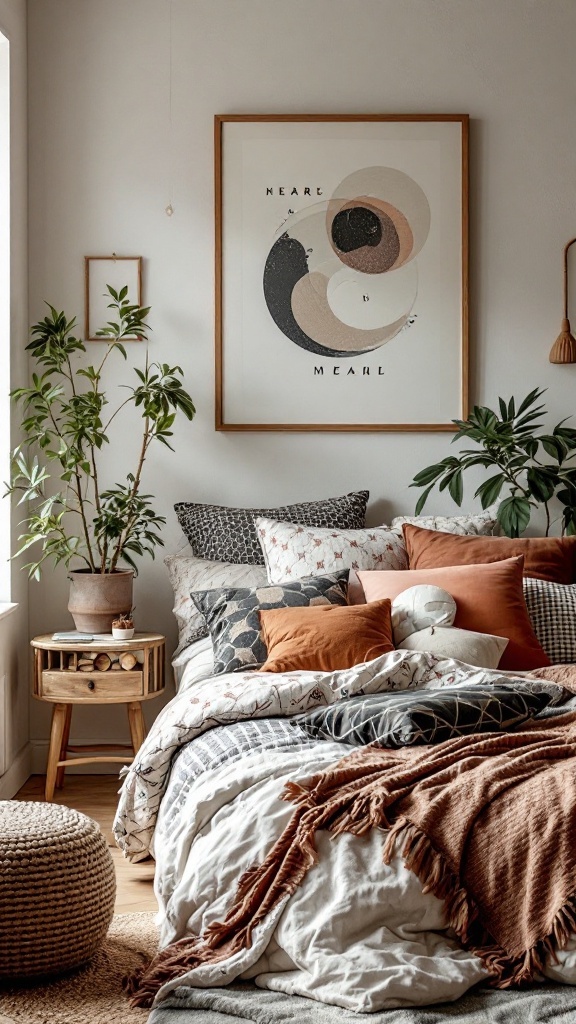 An eclectic bedroom with a mix of patterns and textures, featuring layered bedding, various decorative pillows, and a piece of abstract wall art.