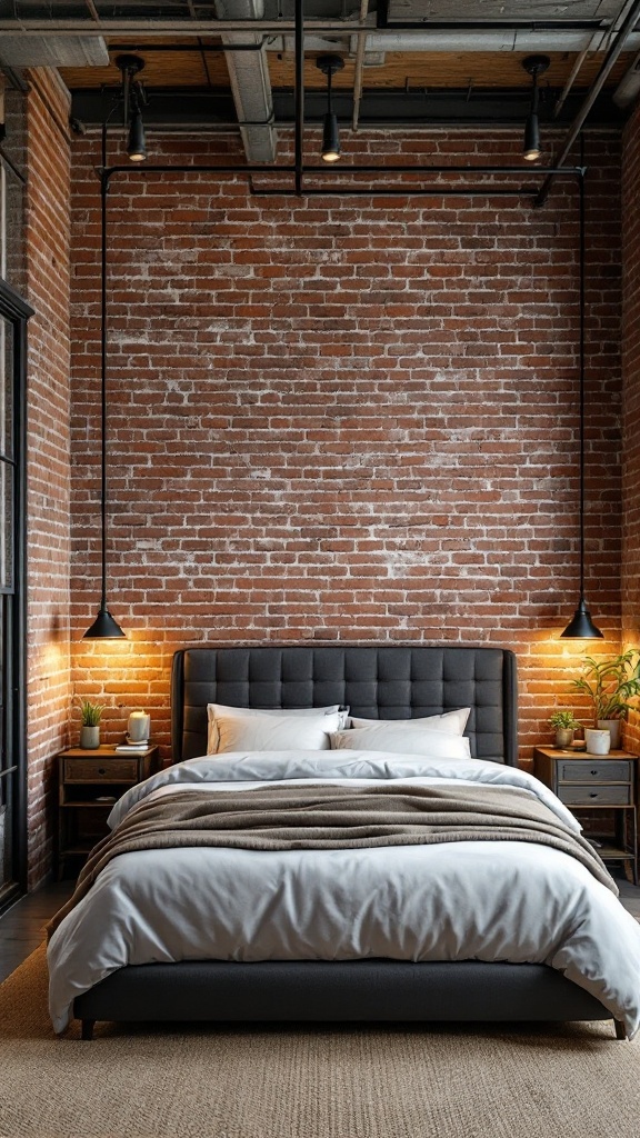 A cozy industrial-style bedroom featuring an exposed brick wall, a comfortable bed with soft linens, and stylish pendant lighting.