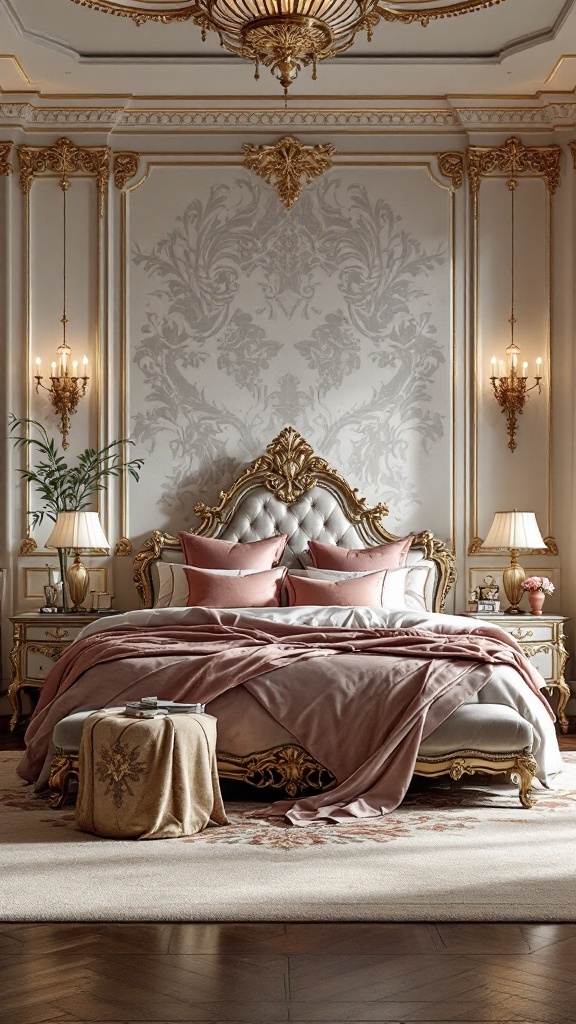 Luxurious palace-inspired bedroom featuring ornate decor, a plush bed, and elegant lighting.