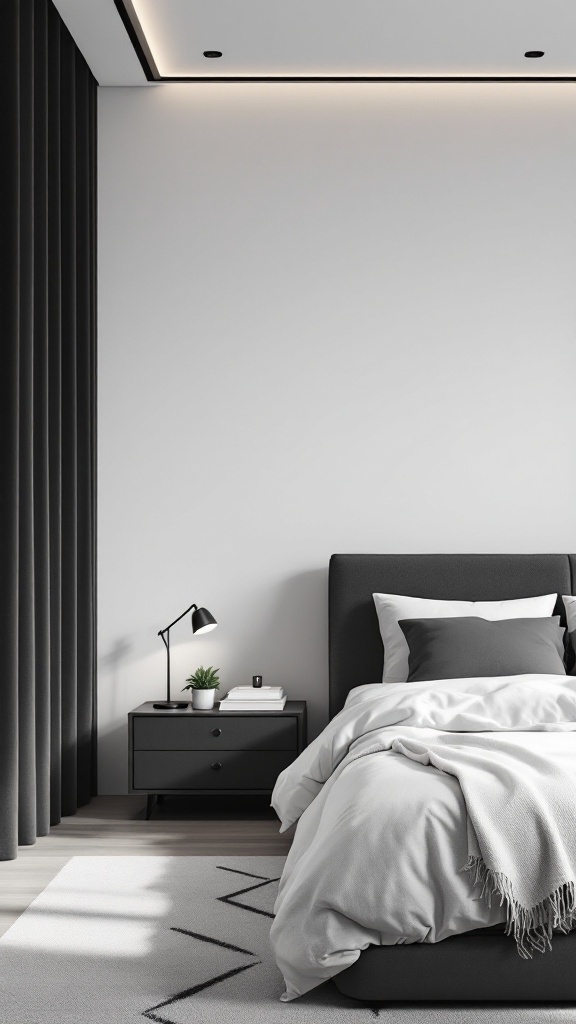 A modern monochrome bedroom featuring gray and black decor, a plush bed, and minimalistic design elements.