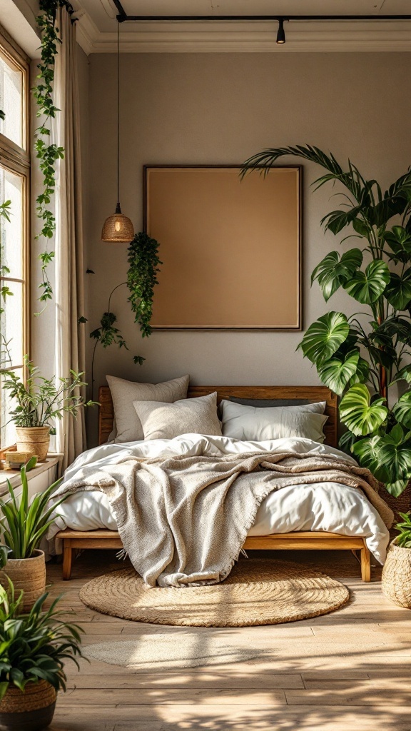 A cozy, nature-inspired bedroom with earthy tones, plants, and warm textures.