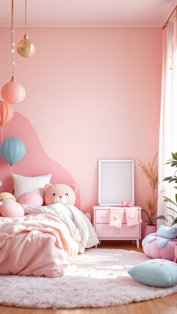 A cozy bedroom with a playful pastel color palette featuring pink walls, soft bedding, and decorative cushions.