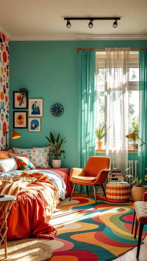 Aesthetic bedroom featuring retro 70s revival design with vibrant colors and funky patterns