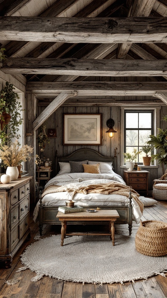 A rustic farmhouse bedroom with wooden beams, a cozy bed, vintage furniture, and plants.