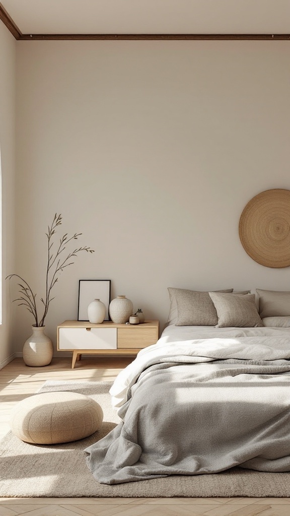 A serene bedroom with minimal decor featuring neutral colors, soft bedding, and natural elements.