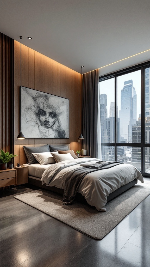A sleek urban bedroom featuring wooden paneling, a cozy bed with layered throws, pendant lighting, and a skyline view through large windows.