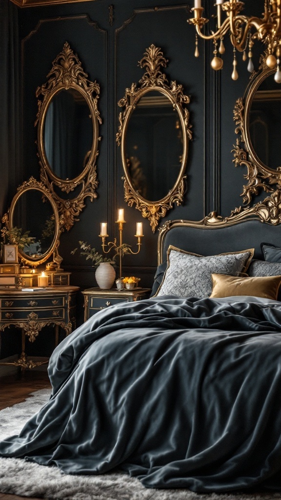 A vintage glam bedroom with dark blue walls, velvet bedding, ornate mirrors, and elegant decor.