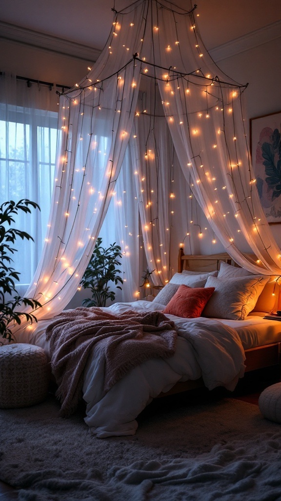 A cozy bedroom with a fairy light canopy, soft curtains, and plush bedding.