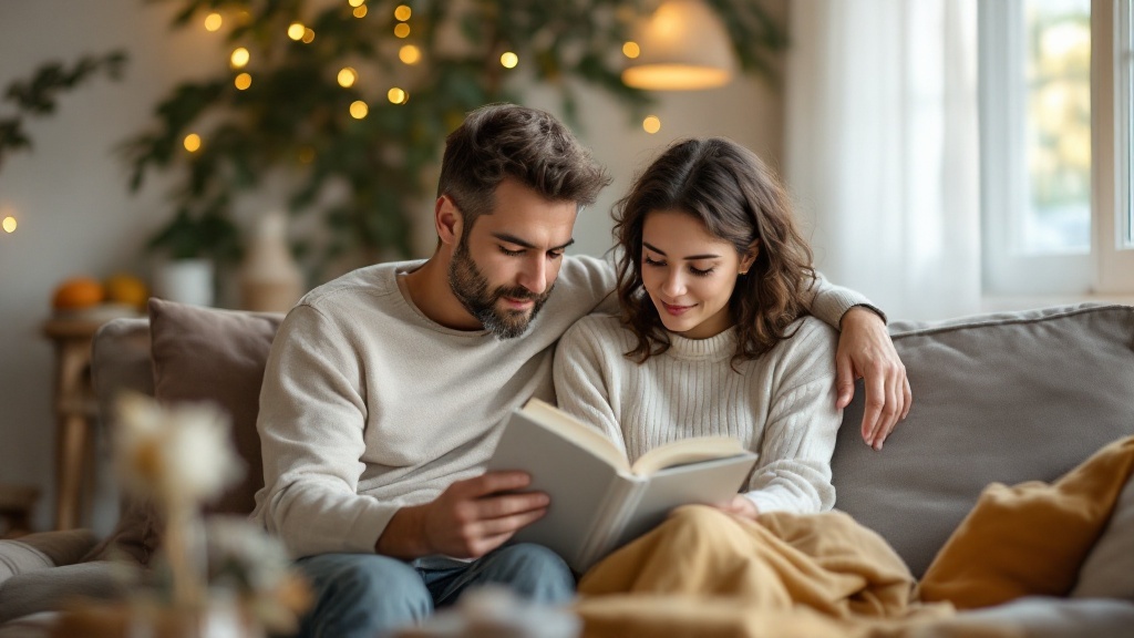 A couple sitting together in a cozy setting, reading a book and enjoying each other's company.
