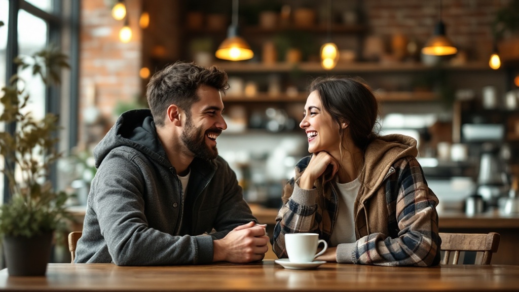 A couple laughing and enjoying coffee together in a cozy cafe.