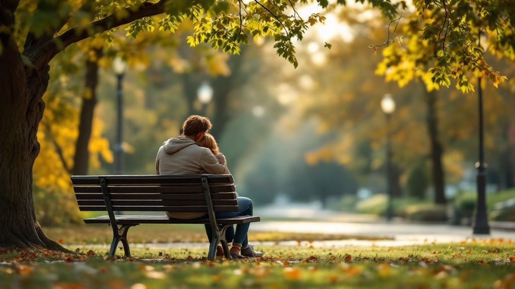 A couple sitting closely on a bench in a serene park, surrounded by autumn trees.